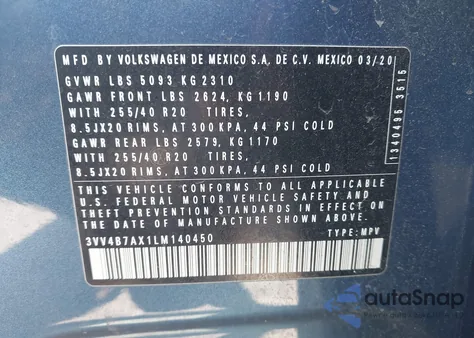 2020 Volkswagen Tiguan 2.0T Sel Premium R-Line z USA, uszkodzony, nr VIN 3VV4B7AX1LM140450
